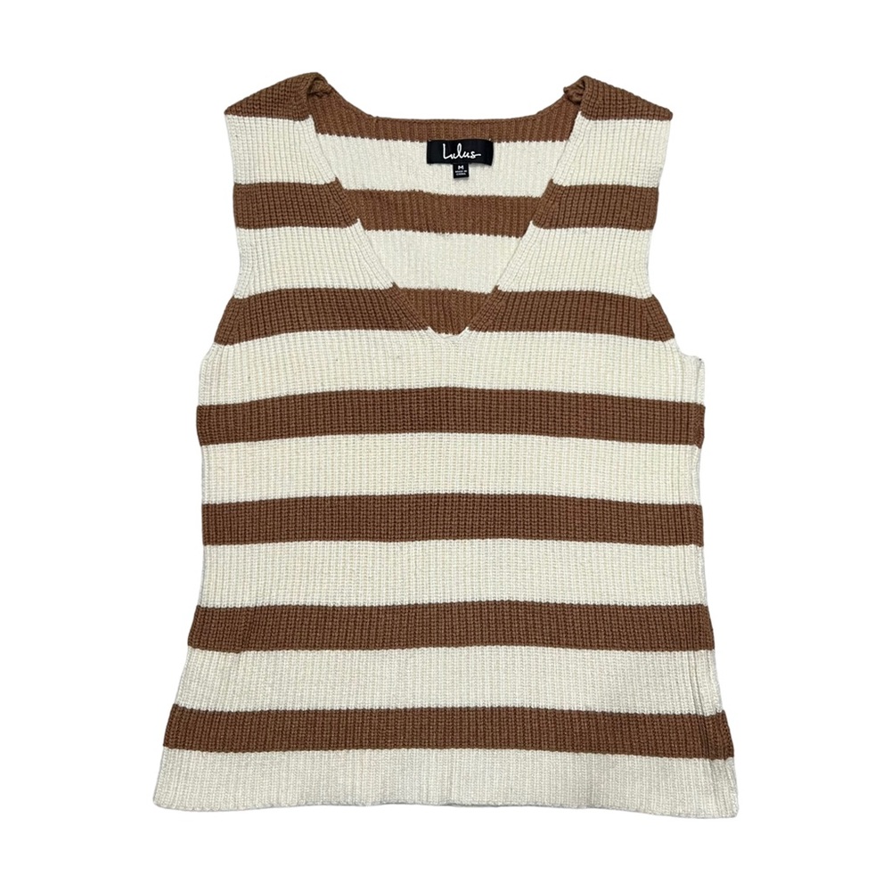 Lulus Women’s Let's Just Chill Cream & Tan Striped Ribbed Knit V-Neck Tank Top M